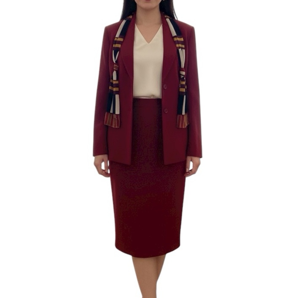 ANNE KLEIN Elegant Red Skirt Suit with Scarf size 12